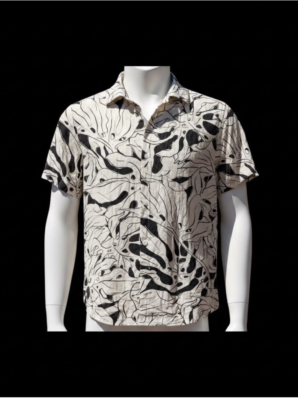 Men's Short-Sleeve Hawaiian Shirt in Black and Cream - Monstera Print